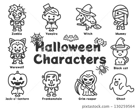 萬聖節人物圖示（線條畫）插圖集 130259564