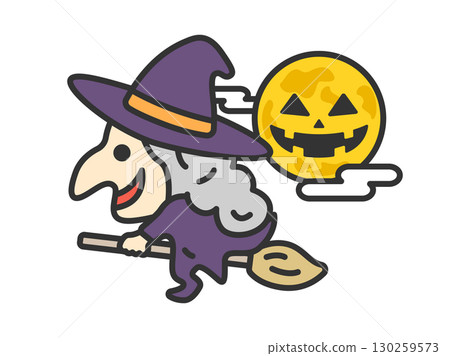 Illustration of a witch riding a broom and Halloween moon icon (line drawing color) 130259573