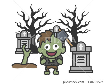 墓地中插著斧頭的殭屍角色（線條畫顏色）插圖 130259574