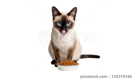 A siamese cat with striking blue eyes focuses intently on a bowl of dry food, licking its lips in excitement and anticipation, isolated against a transparent background. 130259586