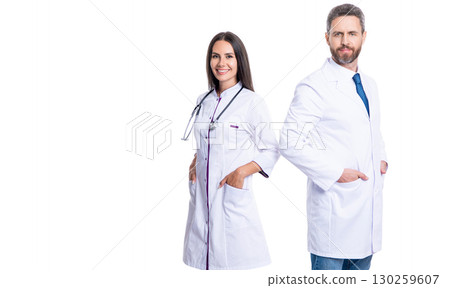 doctor at hospital. two doctor in medical practice. doctor with stethoscope isolated on white. professional physician in white coat with medical woman. medicine and healthcare. advertisement doctor at hospital. two doctor in medical practice. doctor with stethoscope isolated on white. professional physician in white coat with medical woman. medicine and healthcare. advertisement 130259607