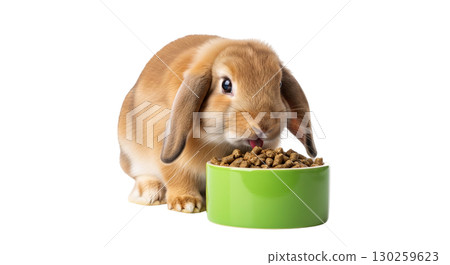 Floppy eared rabbit sits isolated and intently gazes at a green bowl of dried pellets. Its nose twitches and it licks its lips in anticipation of a tasty meal. 130259623