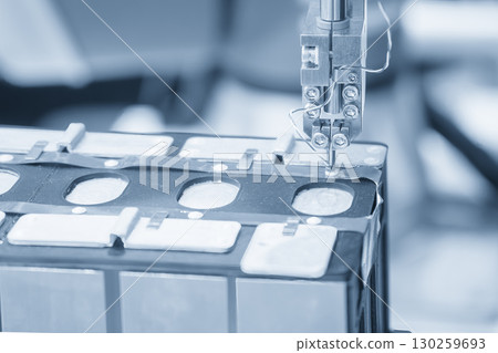 Automatic assembly process of battery pack for electric vehicle in the blue tone. 130259693