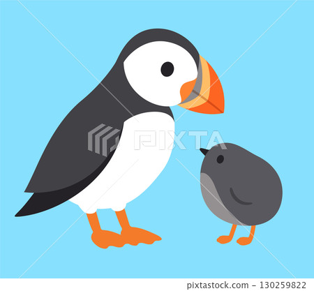 Cute cartoon puffin with baby chick 130259822