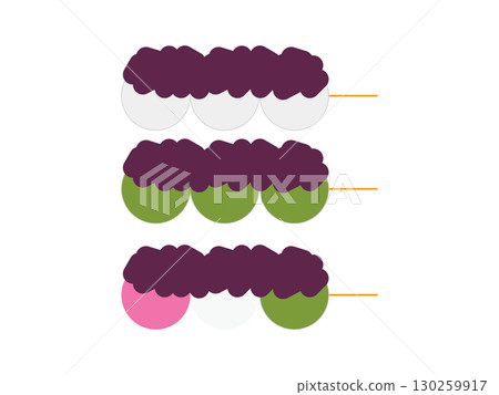 A set of side view icon illustrations of white dumplings, mugwort dumplings, and three-color dumplings topped with red bean paste A set of side view icon illustrations of white dumplings, mugwort dumplings, and three-color dumplings topped with red bean paste 130259917