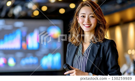 一位女模特兒正在做辦公室演示 130259989