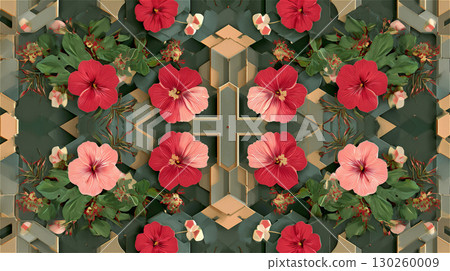 A gorgeous and luxurious kaleidoscope-like patterned background with geometrically arranged red hibiscus. 130260009