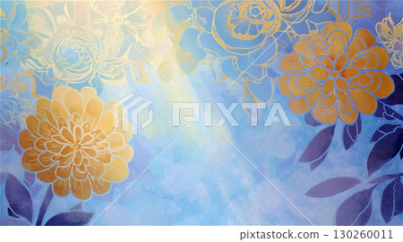 A fantastic and beautiful illustration background with gold line drawings of flowers shining against a blue and yellow watercolor background. 130260011
