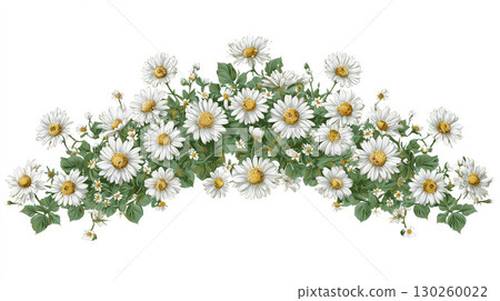 An illustration of beautifully arranged white daisies and green leaves in an arch on a white background 130260022