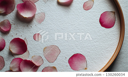 粉紅色玫瑰花瓣散落在白色和紙背景的圓形木框中 130260034