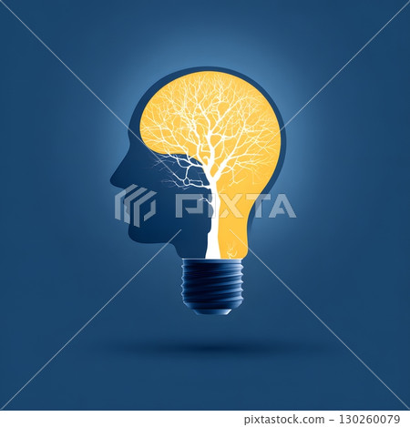 Light bulb with human mind inside representing awareness, flat icon style, 130260079