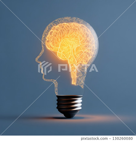 Light bulb with human mind inside representing awareness, flat icon style, 130260080