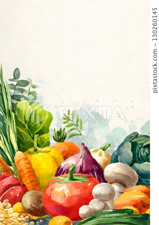 Watercolor illustration of fresh vegetables and grains with banner text, 130260145