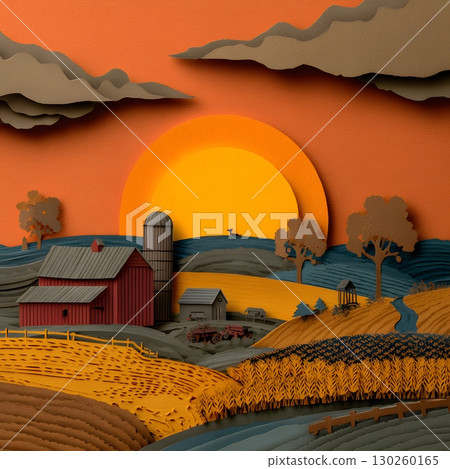 Paper cut farm landscape with sun rising Paper cut farm landscape with sun rising 130260165
