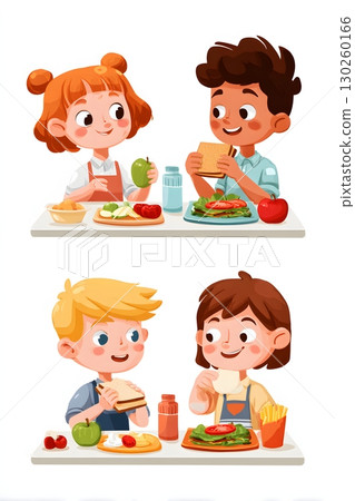 Flat vector children eating balanced lunch 130260166