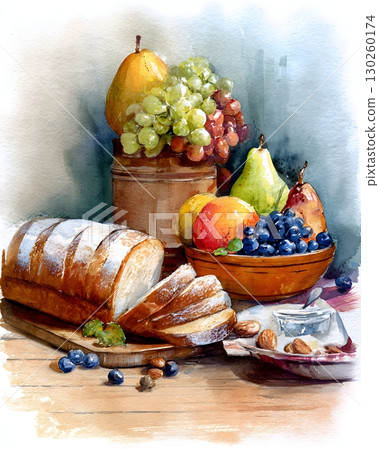 Watercolor bread and fruits on wooden table 130260174