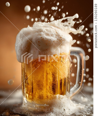 Beer foam overflowing from a freshly poured mug, 130260189