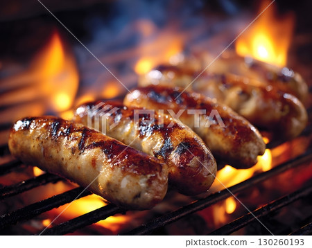 Bratwurst sausages grilling over an open flame, 130260193