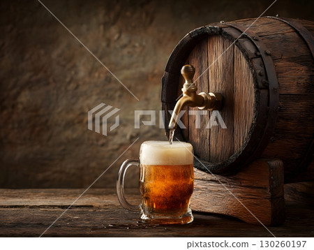 Wooden beer barrel with tap pouring into a mug, 130260197