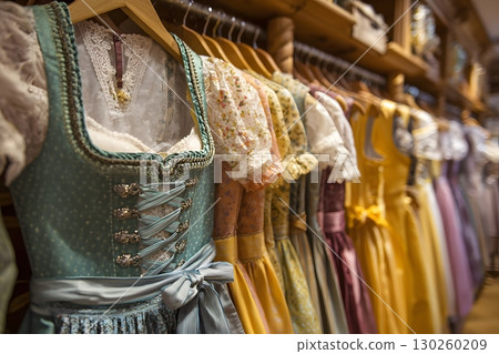 Traditional dirndl dresses displayed in a shop, 130260209