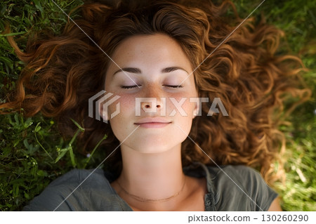 young woman lying on grass with eyes closed peace 130260290