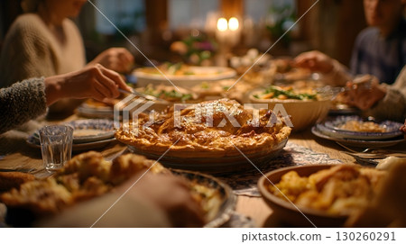 family gathering around autumn feast table with roasted turkey vegetables pie warm cozy home light high detail 8K 130260291