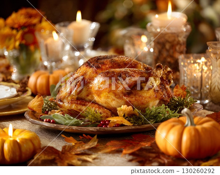 golden roasted turkey centerpiece on fall decorated table with pumpkins candles leaves high detail 8K 130260292