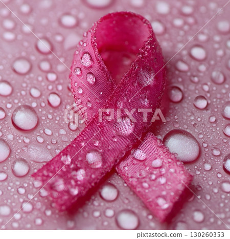 close up pink ribbon with droplets of water 130260353