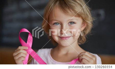 young girl holding pink ribbon with cheerful smile young girl holding pink ribbon with cheerful smile 130260354