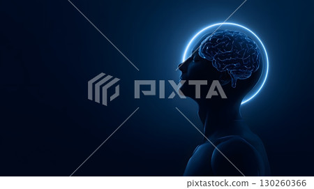 Peaceful human silhouette with glowing brain illustration symbolizing mental wellness, 130260366