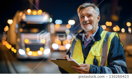 senior logistics executive supervising night shift transport operations in a busy cargo terminal 8K senior logistics executive supervising night shift transport operations in a busy cargo terminal 8K 130260423