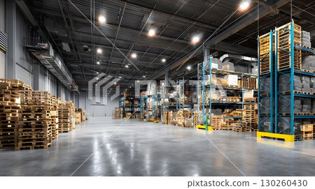 Modern clean warehouse interior with stacked pallets, bright overhead lights, industrial clarity 130260430