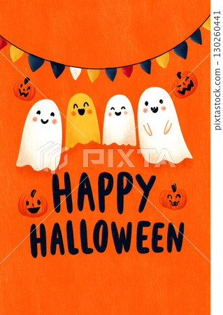 Happy Halloween banner with colorful cartoon ghosts and pumpkins, 130260441