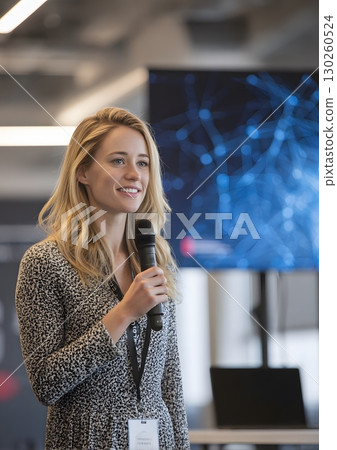 woman presenting AI-driven logistics solutions to partners 130260524