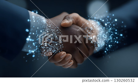 partner handshake with AI data visualizations floating around partner handshake with AI data visualizations floating around 130260532
