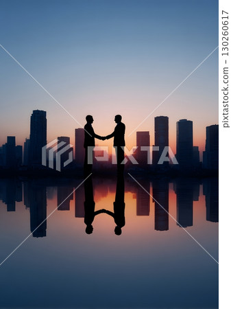 urban skyline backdrop in business handshake 130260617