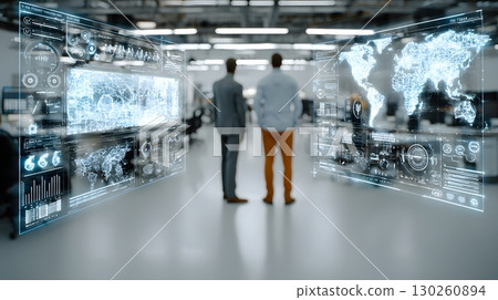 business partners discussing big data solutions, leaders with holographic analytics charts, cool office environment, ultra realistic, sharp focus, 8K, high detail, professional stock photography 130260894