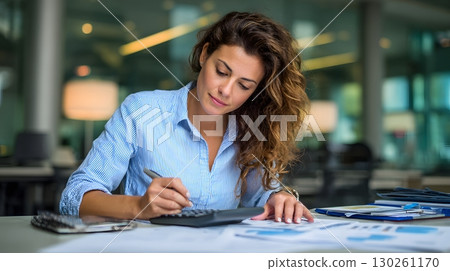 businesswoman working at desk using calculator for financial planning with office background 130261170