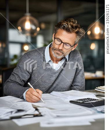 man analyzing tax reports with pen and calculator in modern workspace 130261171