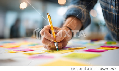 entrepreneur writing business vision on large paper pad 130261202