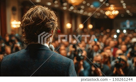 business partners holding press conference, tech company leaders answering media, stage lighting, ultra realistic, sharp focus, 8K, high detail, professional stock photography 130261244