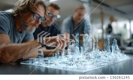 business partners examining smart city model, executives pointing at holographic map, bright modern interior, ultra realistic, sharp focus, 8K, high detail, professional stock photography 130261245