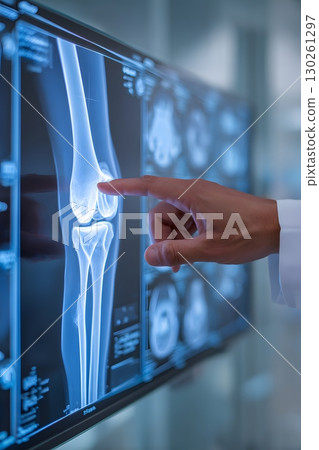doctor pointing at knee bone image on screen in modern hospital 130261297