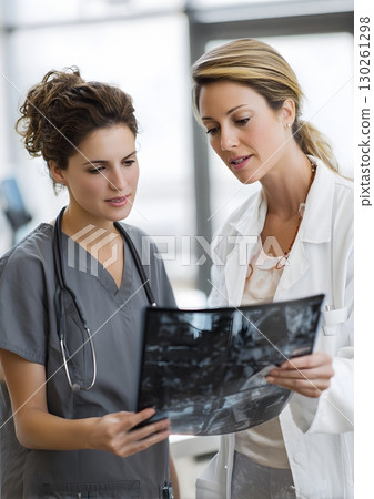 medical expert discussing x ray results with patient in clinic 130261298