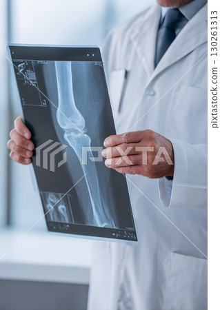 senior doctor reviewing leg joint scan for orthopedic condition 130261313