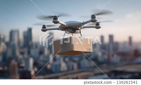 drone flying over city with small parcel 130261541