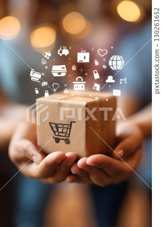 hands holding parcel with shipping icons overlay 130261652