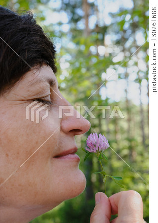 Mature woman enjoying scent of clover flower in forest, side view close-up Mature woman enjoying scent of clover flower in forest, side view close-up 130261688