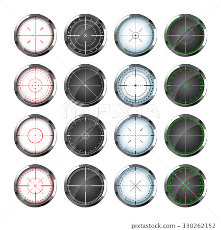 Chrome weapon sights, sniper rifle optical scopes. Hunting gun viewfinder with crosshair. Aim, shooting mark symbol. Military target sign, silhouette. Game interface UI element. Vector illustration Chrome weapon sights, sniper rifle optical scopes. Hunting gun viewfinder with crosshair. Aim, shooting mark symbol. Military target sign, silhouette. Game interface UI element. Vector illustration 130262152