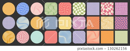 Groovy checkered pattern, colorful tiled grid. Vintage wavy curved backdrop, distortion effect. Funky geometric chessboard texture, retro background in 90s style, y2k. Vector illustration 130262156